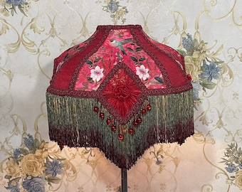 Vintage 27.5 inch tall Table Lamp with Red Beaded Shade, Ornate
