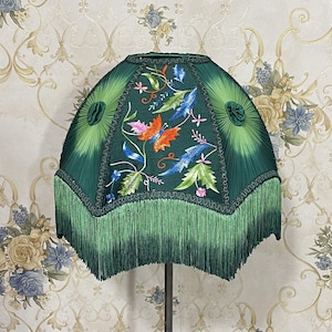 Green Embroidered Lampshade: Victorian Style Ombre Fringe
