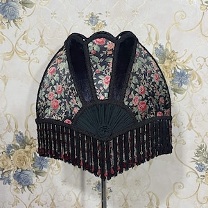 Handmade Floral Print Lampshade: Black Velvet Dome with Beaded Fringe