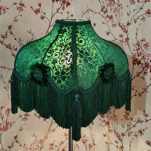 Green Velvet Lampshade: Handmade Victorian Dome Shade with Fringe & Tassels