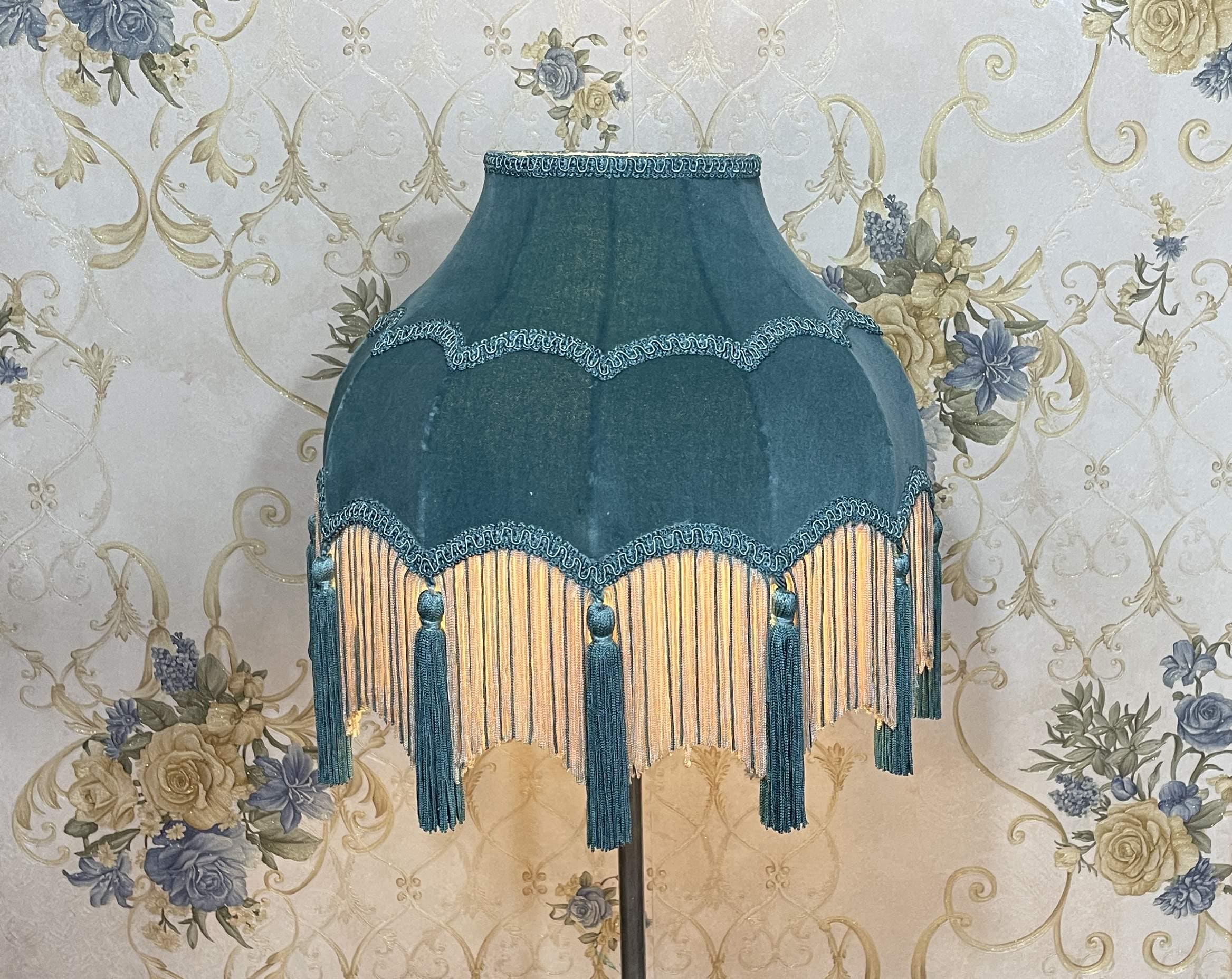 Ice Blue Velvet Lampshade: Scallop Dome with Fringe Tassels