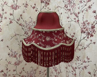 Red Embroidered Lace Lampshade: Victorian Style with Beaded Fringe