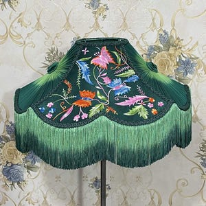 Green Embroidered Lampshade: Large Dome with Ombre Fringe