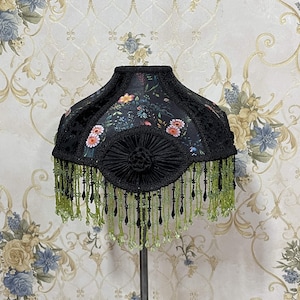 Black Floral Print Lampshade: Handmade Victorian Style with Beaded Dangle