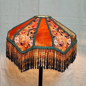 Gold Printed Lampshade: Victorian Style with Beaded Fringe