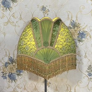 Eliza Dome Lampshade: Green Lace Victorian Style with Beaded Fringe