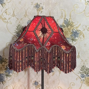 Victorian Brown Multi-Print Lampshade with Beaded Fringe
