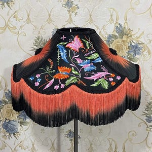 Embroidered Lampshade: Black Orange Ombre Fringe, Large Dome
