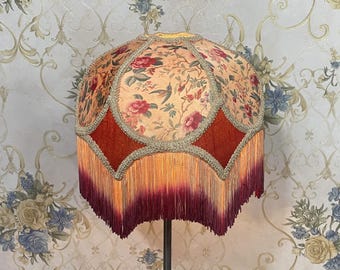 Floral Print Lampshade: Beige Dome with Ombre Fringe