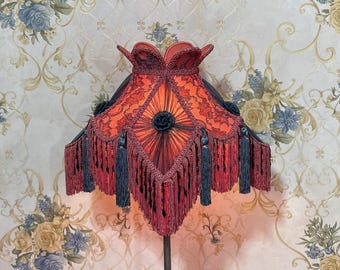 Peach & Black Lace Lampshade: Handmade Victorian Style with Fringe