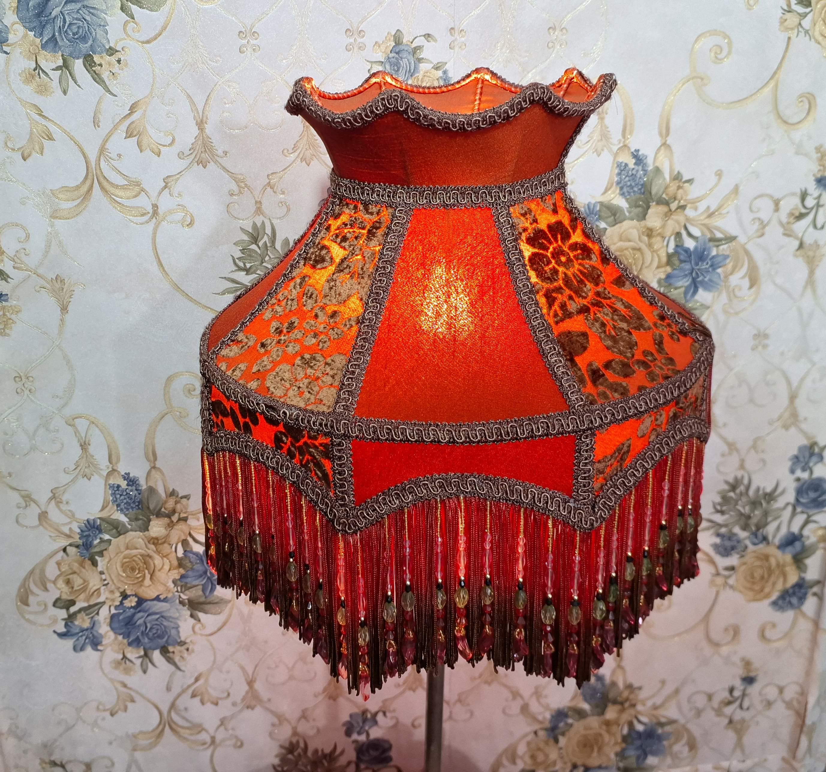 Victorian Lampshade: Orange Brown Velvet Crown With Beaded Fringe