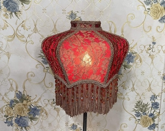 Red Velvet Lampshade: Handmade Victorian Style with Beaded Fringe