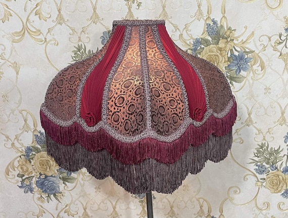 Handmade Victorian Lampshade: Red Purple Scallop Dome with Fringe