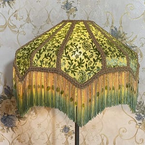 Green Velvet Lampshade: Victorian Style Beaded Fringe Dome Shade