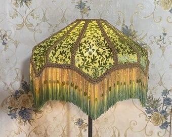 Green Velvet Lampshade: Victorian Style Beaded Fringe Dome Shade