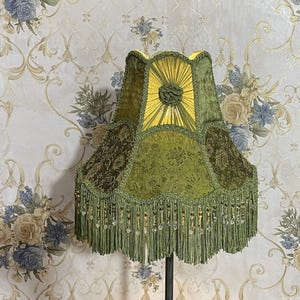 Green Brocade Lampshade: Handmade Victorian Style with Beaded Fringe