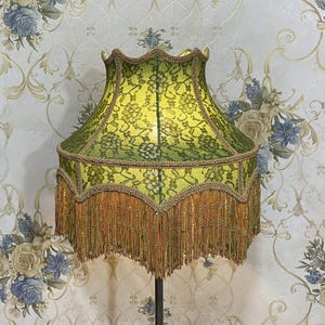 Handmade Green Lace Lampshade: Victorian Style with Beaded Fringe