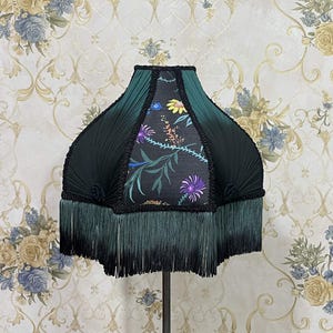 Floral Print Black Lampshade: Handmade Victorian Style with Fringe