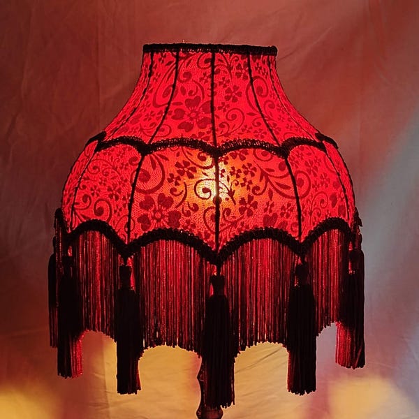 Handmade Red Velvet Lampshade: Scallop Dome with Fringe & Tassels