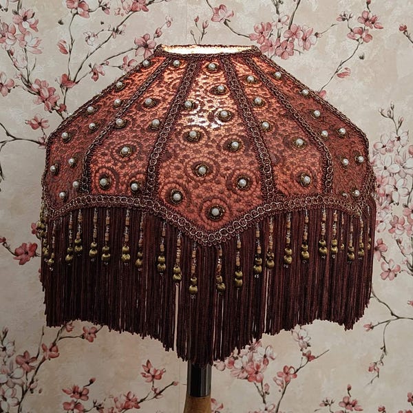 Handmade Purple Lampshade: Victorian Style Scallop Dome with Dangle & Fringe