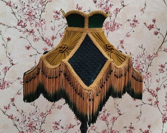 Green & Gold Lampshade: Victorian Style Beaded Fringe Lampshade
