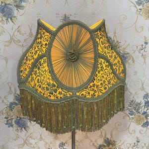 Green & Gold Velvet Lampshade: Victorian Style Beaded Fringe