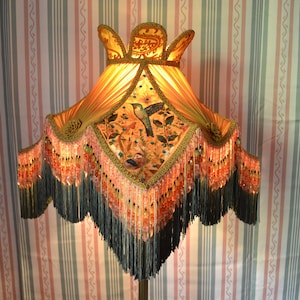 Lotus Embroidery Lampshade: Gold Multi-Print Beaded Fringe