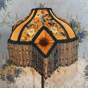 Gold Floral Print Lampshade: Beaded Fringe Velvet Lampshade