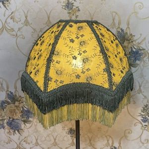 Handmade Victorian Lampshade: Green Gold Embroidered Lace with Fringe