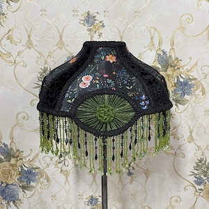 Floral Print Lampshade: Black Velvet with Beaded Fringe