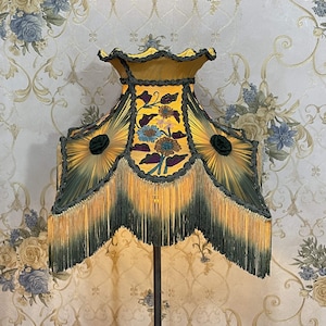 Lotus Gold Green Lampshade: Victorian Style Embroidery with Fringe