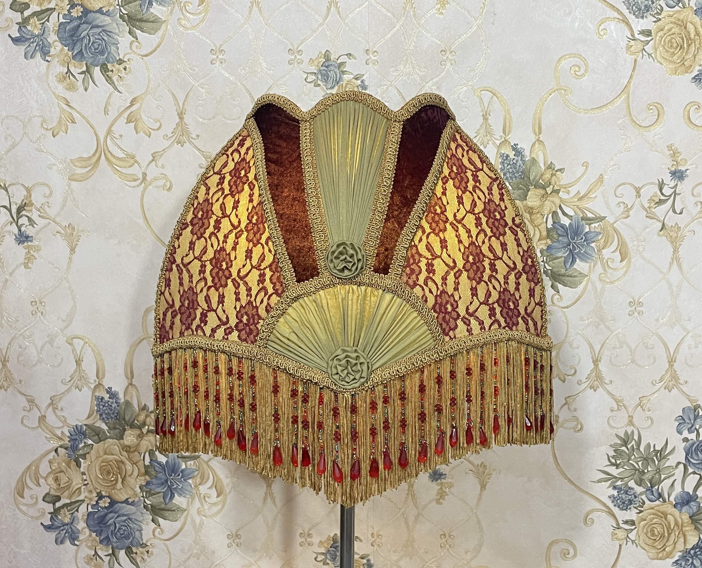 Red Gold Lace Lampshade: Victorian Beaded Fringe Dome Shade