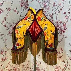 Gold Lotus Print Lampshade: Beaded Dangle & Fringe