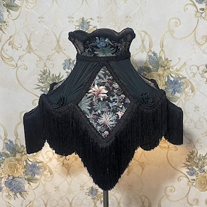 Black Floral Print Lampshade: Handmade Victorian Style with Rayon Fringe