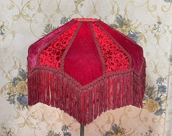 Red Velvet Lampshade: Handmade Victorian Style with Beaded Fringe