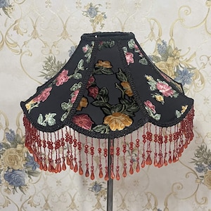 Victorian Black Velvet Lampshade: Floral Print with Beaded Fringe