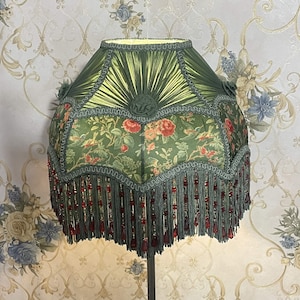 Green Floral Lampshade: Handmade Victorian Style with Beaded Fringe