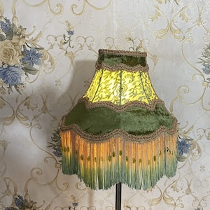 Handmade Green Velvet Lampshade: Victorian Style Beaded Fringe