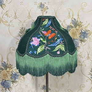 Green Embroidered Lampshade with Ombre Fringe