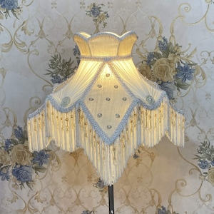 Ivory Lampshade: Lotus Embroidery Raw Silk with Beaded Dangle & Fringe