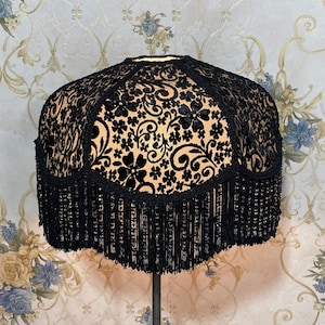 Black Velvet Lampshade: Scallop Dome with Beaded Fringe