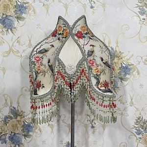 Lotus Beige Multi Print Lampshade with Beaded Dangle