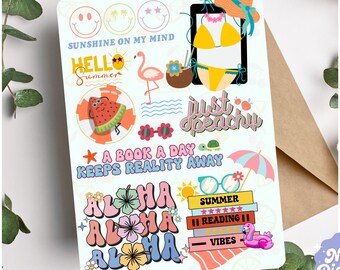 May include: A colorful sticker sheet with a summer theme. It features illustrations of a watermelon, a flamingo, sunglasses, a book, a beach umbrella, and the text "Sunshine on my mind", "Hello Summer", "Just peachy", "A book a day keeps reality away", "Aloha", "Summer", "Reading", and "Vibes".