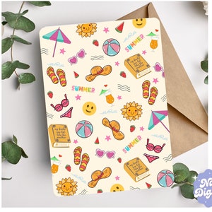 May include: A yellow background with a summer theme. The image features a variety of summer icons, including flip flops, sunglasses, beach umbrellas, watermelon, and a book with the text "My books are hot like the sunshine".