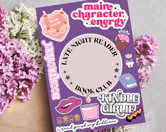 May include: Purple sticker sheet with various book-themed illustrations, including a heart-shaped cake with the text "Book Lover", a circle with the text "Late Night Reader" and "Book Club", a candle, lips, and the text "Kindle Girlie".