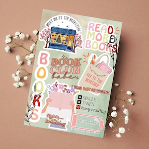 Peut inclure: Un ensemble d'autocollants colorés sur le thème du livre. Les autocollants présentent des illustrations d'une librairie, d'un club de lecture, d'un sac fourre-tout et d'un livre avec des fleurs. Le texte sur les autocollants comprend "Read More Books", "Book Club Babe", "Off to the Bookshop", "I Read Past My Bedtime", "Single Taken Busy Reading", "Shhh... I'm Reading", et "Social Battery Time to Go Home and Read".