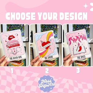 May include: Three pink and white tarot cards with illustrations and text. The first card is titled "The Good Girl" and features a pair of handcuffs, a red mouth, and a stack of books. The second card is titled "The Lovers" and features a heart with an arrow, a rainbow, and clouds. The third card is titled "The Spice" and features a book with a chili pepper sticking out of it and flames.