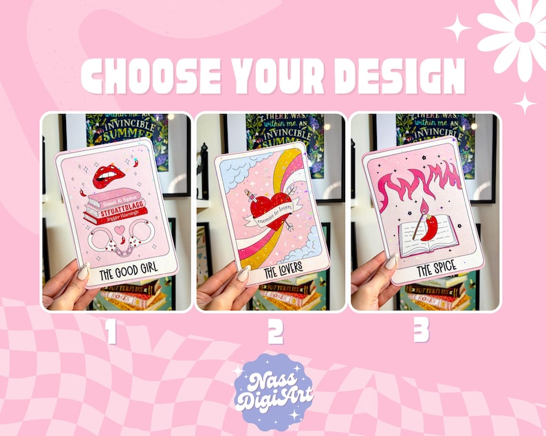 May include: Three pink and white tarot cards with illustrations and text. The first card is titled "The Good Girl" and features a pair of handcuffs, a red mouth, and a stack of books. The second card is titled "The Lovers" and features a heart with an arrow, a rainbow, and clouds. The third card is titled "The Spice" and features a book with a chili pepper sticking out of it and flames.