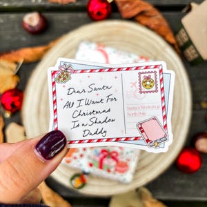 Peut inclure: Autocollant rectangulaire avec le texte "Dear Santa, All I Want For Christmas Is a Shadow Daddy". L'autocollant a une bordure rouge et blanche et un timbre avec une couronne de Noël. Un petit livre rose est également montré.
