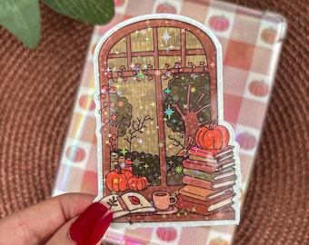 Pegatinas de otoño para Kindle, decoración otoñal para ventana de libros, pegatinas holográficas de vinilo para lectores electrónicos, accesorios acogedores para Kindle, regalo para amantes de los libros.